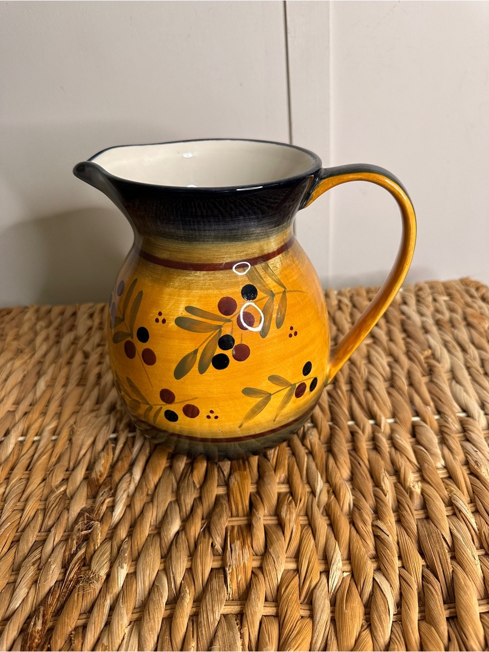 Yellow Ceramic Olive Motif Pitcher by